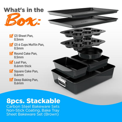 8-Piece Nonstick Bakeware Set - Easy Clean Carbon Steel, Stackable