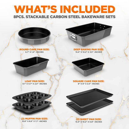 8-Piece Nonstick Bakeware Set - Space-Saving Carbon Steel, Gray