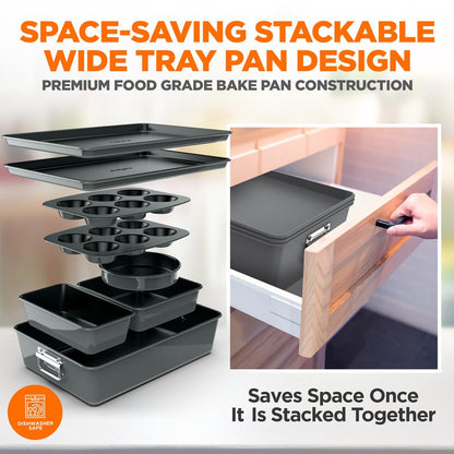 8-Piece Nonstick Bakeware Set - Space-Saving Carbon Steel, Gray