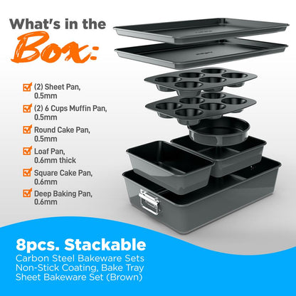 8-Piece Nonstick Bakeware Set - Space-Saving Carbon Steel, Gray