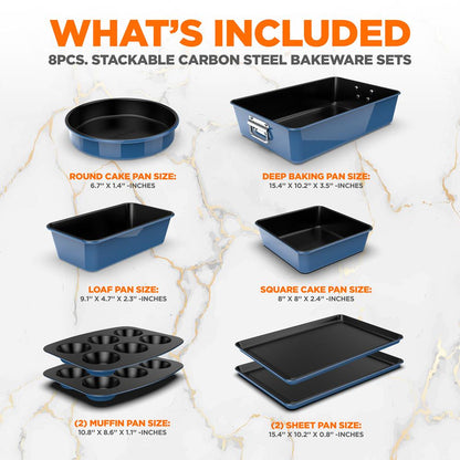 8-Piece Nonstick Bakeware Set - Space-Saving Carbon Steel, Blue