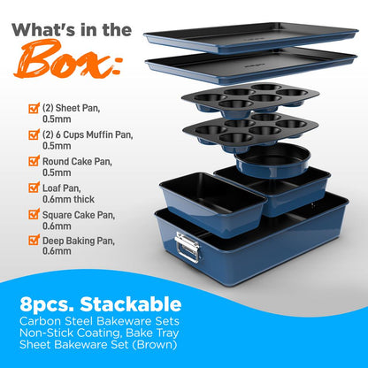 8-Piece Nonstick Bakeware Set - Space-Saving Carbon Steel, Blue