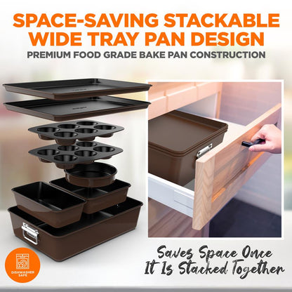 8-Piece Nonstick Bakeware Set - Space-Saving Carbon Steel, Brown