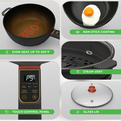 Electric Frying Pan & Steamer, 4L, Non-Stick, Touch Control, Portable