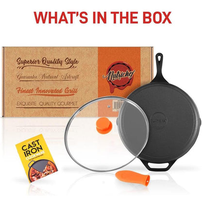 10" Cast Iron Skillet with Lid - Non-Stick, Oven Safe, Orange Handle