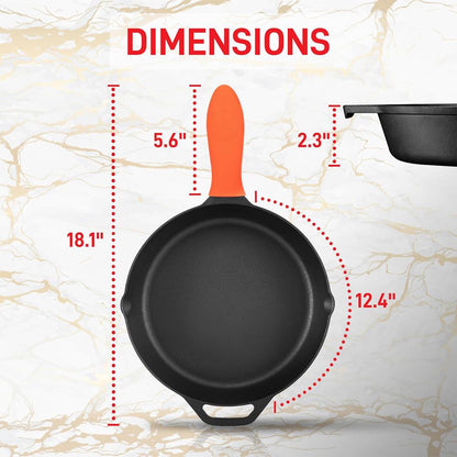 12" Cast Iron Skillet - Nonstick, Oven Safe, Orange Silicone Handle
