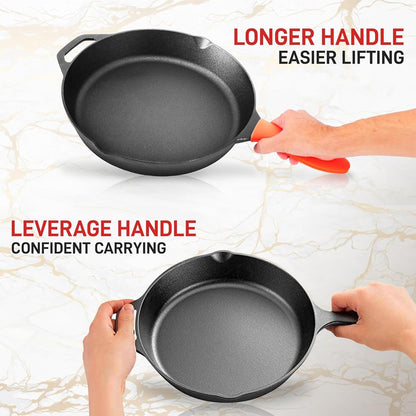 12" Cast Iron Skillet - Nonstick, Oven Safe, Orange Silicone Handle