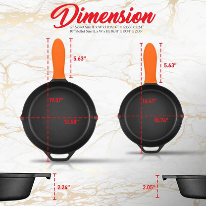 Cast Iron Skillet Set, Nonstick, Pre-Seasoned, Silicone Handles, Orange