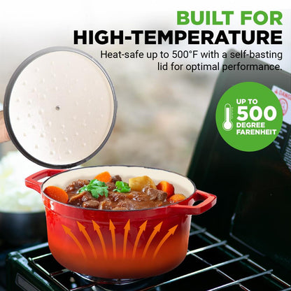 Dutch Oven 5 Qt Even Cooking Porcelain Enamel Cast Iron Red