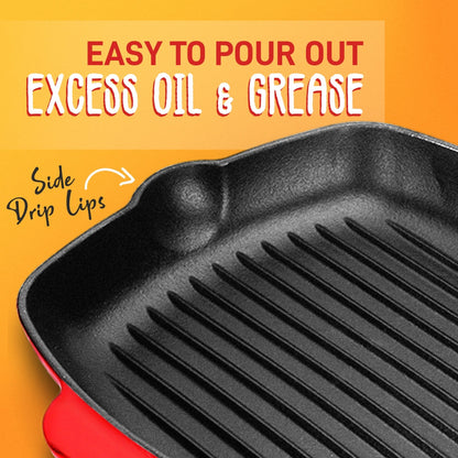 11" Cast Iron Grill Pan, Perfect Grill Marks, Porcelain Enamel Coating