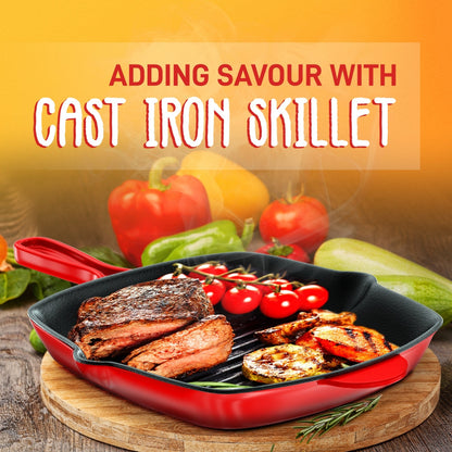 11" Cast Iron Grill Pan, Perfect Grill Marks, Porcelain Enamel Coating