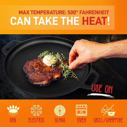 13" Cast Iron Pizza Pan - Versatile Pre-Seasoned Griddle w/ Handles