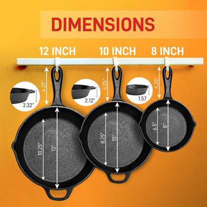 3pc Cast Iron Skillet Set - Nonstick, Even Heat, Silicone Handles