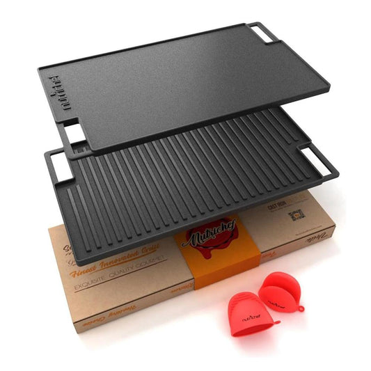 Reversible Cast Iron Grill Pan, Even Heat, 18" Flat & Ridged, Includes Mitt
