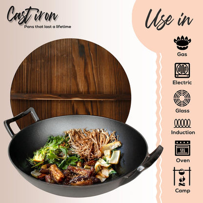 Cast Iron Wok 5.8 Qt Even Heat Pre-Seasoned with Wooden Lid