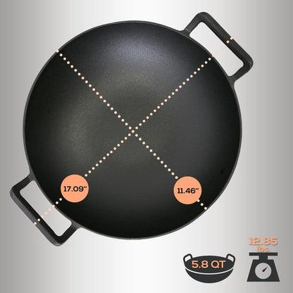 Cast Iron Wok 5.8 Qt Even Heat Pre-Seasoned with Wooden Lid