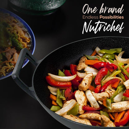 Cast Iron Wok 5.8 Qt Even Heat Pre-Seasoned with Wooden Lid
