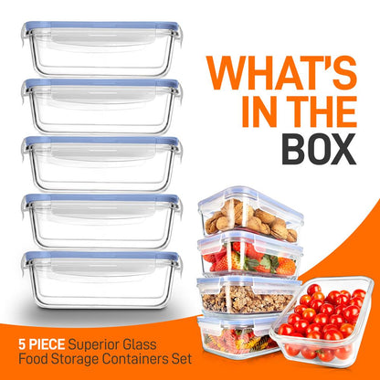 Glass Food Storage Set 10-Piece Leak-Proof Borosilicate Blue Lids