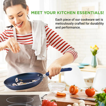 11 Pc Nonstick Cookware Set - Even Heat Ceramic Coating, Blue