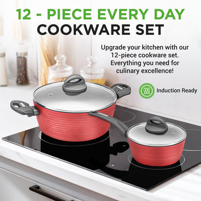 12-Piece Nonstick Cookware Set, Even Heat, Red, PFOA/PFOS-Free