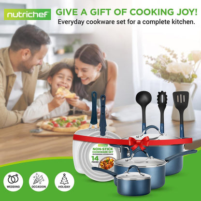 14-Piece Cookware Set - Even Heat Non-Stick Coating, Navy Blue