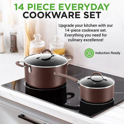 14-Piece Nonstick Cookware Set - Even Heat, Scratch-Resistant, Brown