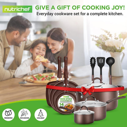 14-Piece Nonstick Cookware Set - Even Heat, Scratch-Resistant, Brown