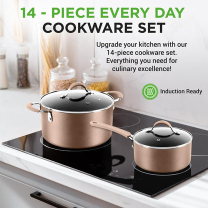 14-Piece Nonstick Cookware Set, Even Heat, Golden