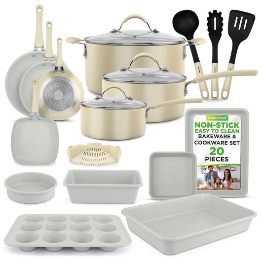 20-Piece Non-Stick Cookware Set, Easy-Clean Aluminum, White