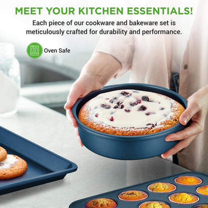 20 Pc Kitchen Set - Even Cooking Non-Stick Coating, Navy Blue