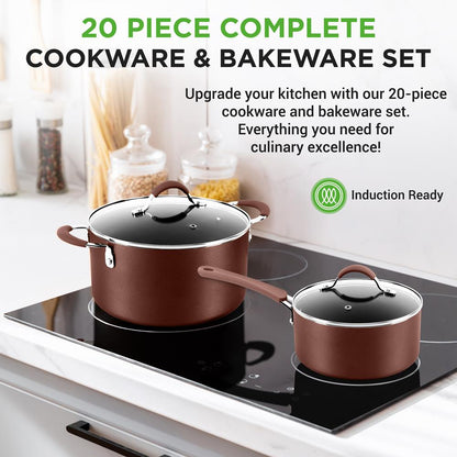 20-Piece Non-Stick Cookware Set, Even Heat, Cool-Touch Handles, Brown