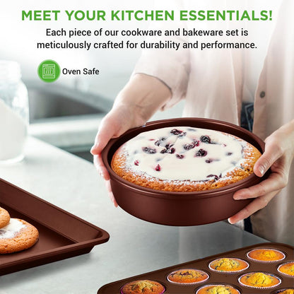 20-Piece Non-Stick Cookware Set, Even Heat, Cool-Touch Handles, Brown