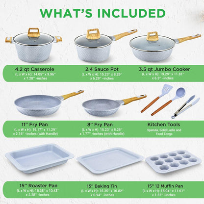 22-Piece Cookware Set, Non-Stick Marble Coating, Moon Grey