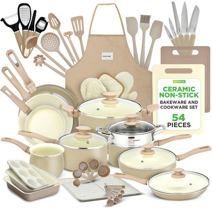 54-Piece Non-Stick Cookware Set, Even Heat Ceramic Coating, Taupe Brown
