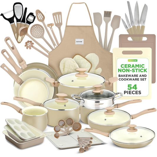 54-Piece Non-Stick Cookware Set, Even Heat Ceramic Coating, Taupe Brown