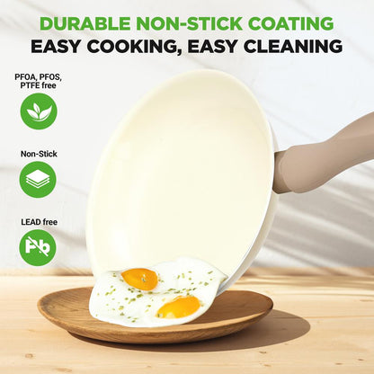 75-Piece Non-Stick Cookware Set, Ceramic Coating, Cream/Brown