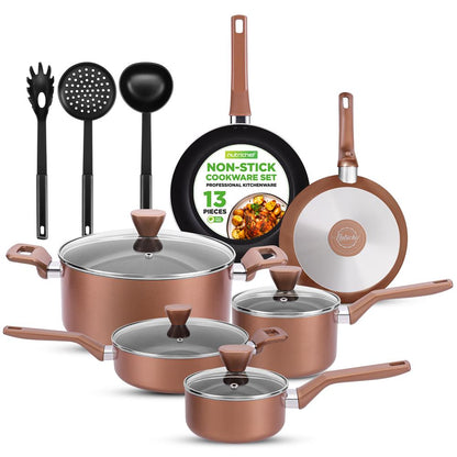 13-Piece Nonstick Cookware Set, Even Heat, Durable Coating, Brown