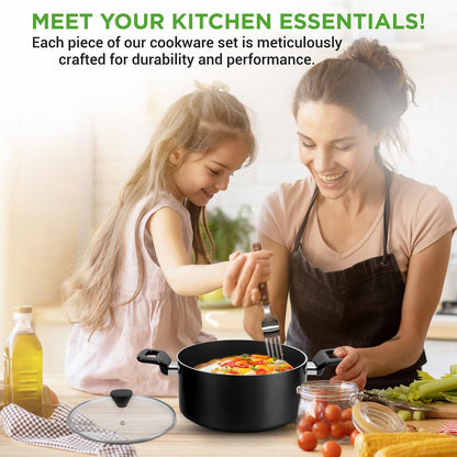 13-Piece Nonstick Cookware Set - Even Heat, Durable Coating, Glass Lids