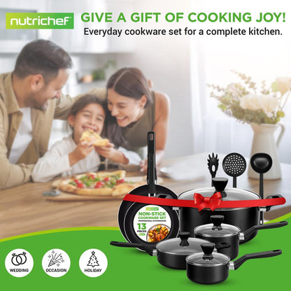 13-Piece Nonstick Cookware Set - Even Heat, Durable Coating, Glass Lids