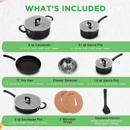 17-Piece Non-Stick Cookware Set - Space-Saving, Induction, Foldable Knob