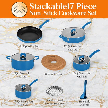 17-Pc Non-Stick Cookware Set, Space-Saving, Induction Base, Blue