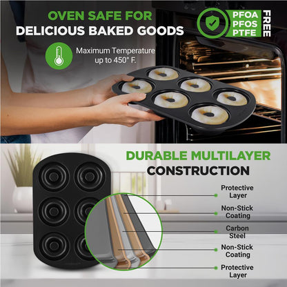 Nonstick Donut Pans 2-Pack, Easy Clean Carbon Steel, Oven Safe 450¬∞F