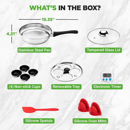 Egg Poacher Set for Perfect Eggs, Stainless Steel, Glass Lid, Silver