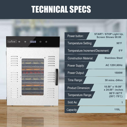 Electric Food Dehydrator 16 Trays Stainless Steel Digital Timer 1500W