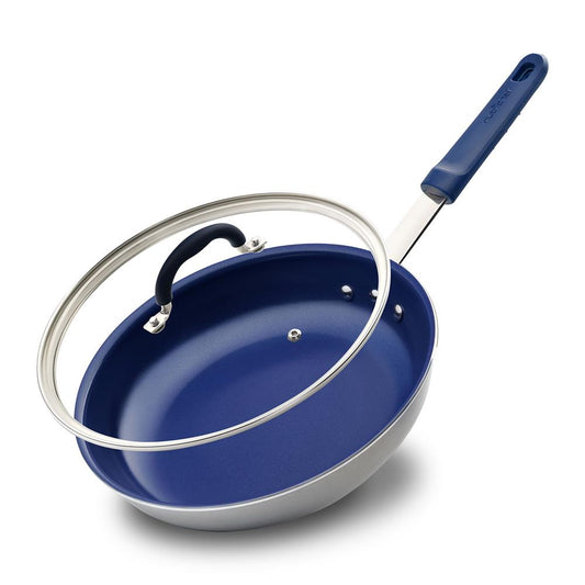 10" Nonstick Fry Pan with Lid, Ceramic Coating, Blue Silicone Handle
