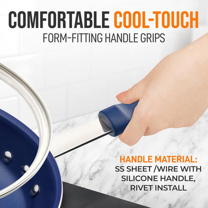 10" Nonstick Fry Pan with Lid, Ceramic Coating, Blue Silicone Handle