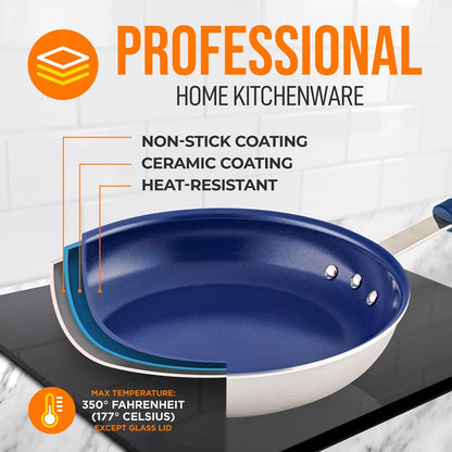 12" Nonstick Fry Pan with Lid - Even Heat Ceramic Coating, Blue Handle