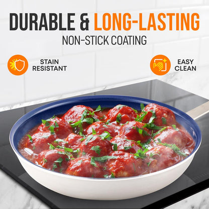 12" Nonstick Fry Pan with Lid - Even Heat Ceramic Coating, Blue Handle