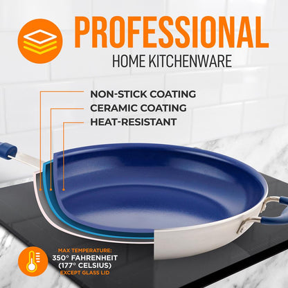 14" Nonstick Fry Pan with Lid - Easy Clean Ceramic, Blue Silicone Handle