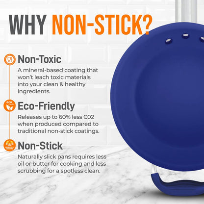 14" Nonstick Fry Pan with Lid - Easy Clean Ceramic, Blue Silicone Handle